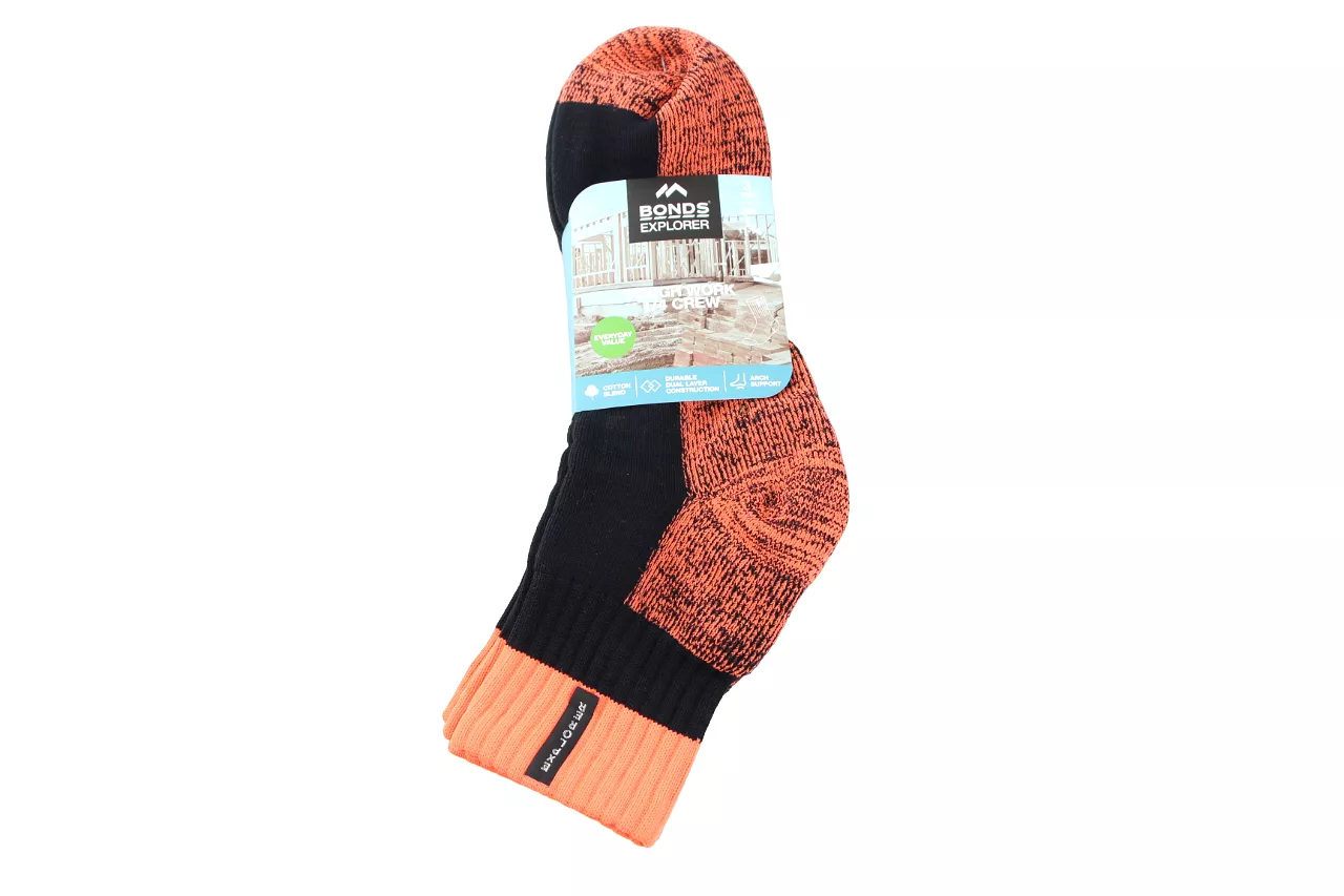 15 X Mens Bonds Explorer Tough Work Quarter Crew Cotton Socks - Black/Orange