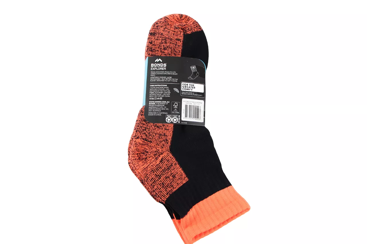 15 X Mens Bonds Explorer Tough Work Quarter Crew Cotton Socks - Black/Orange