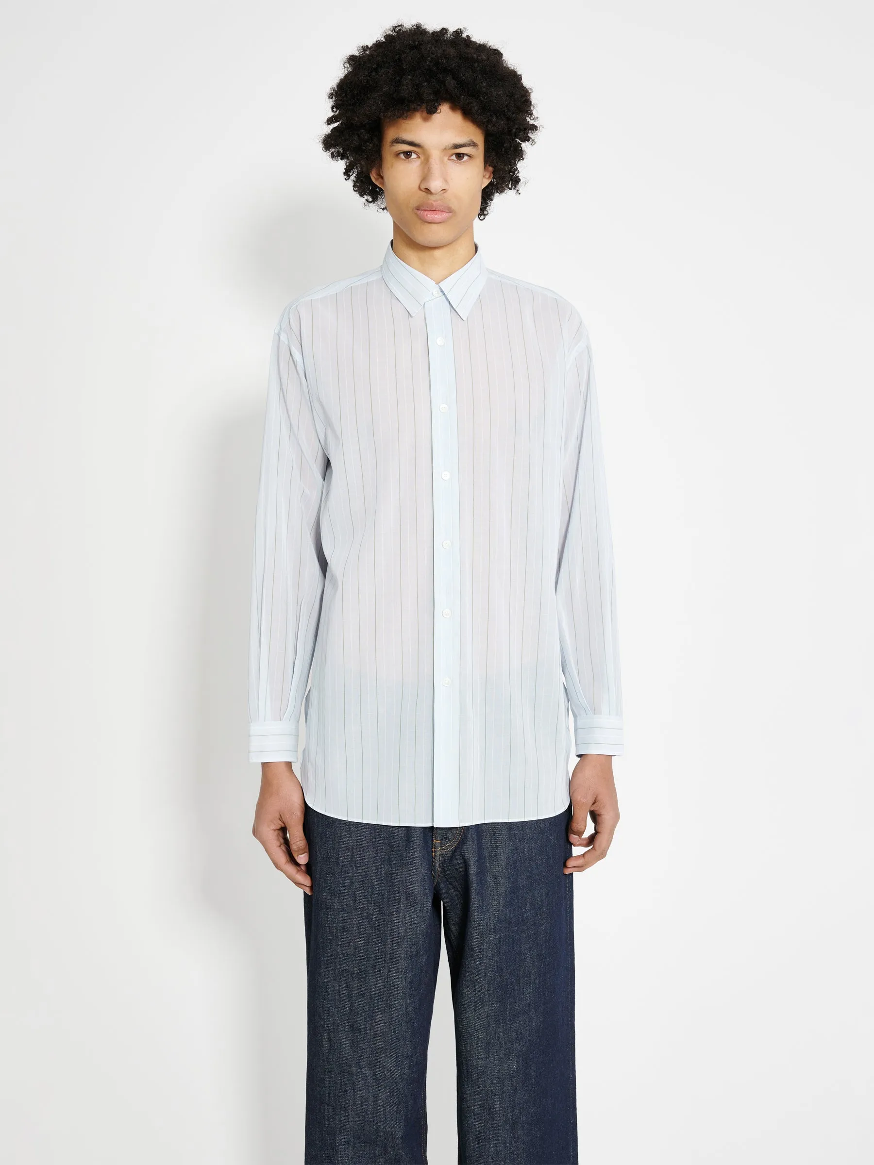 Auralee Hard Twist Finx Organdy Stripe Shirt Light Blue Stripe