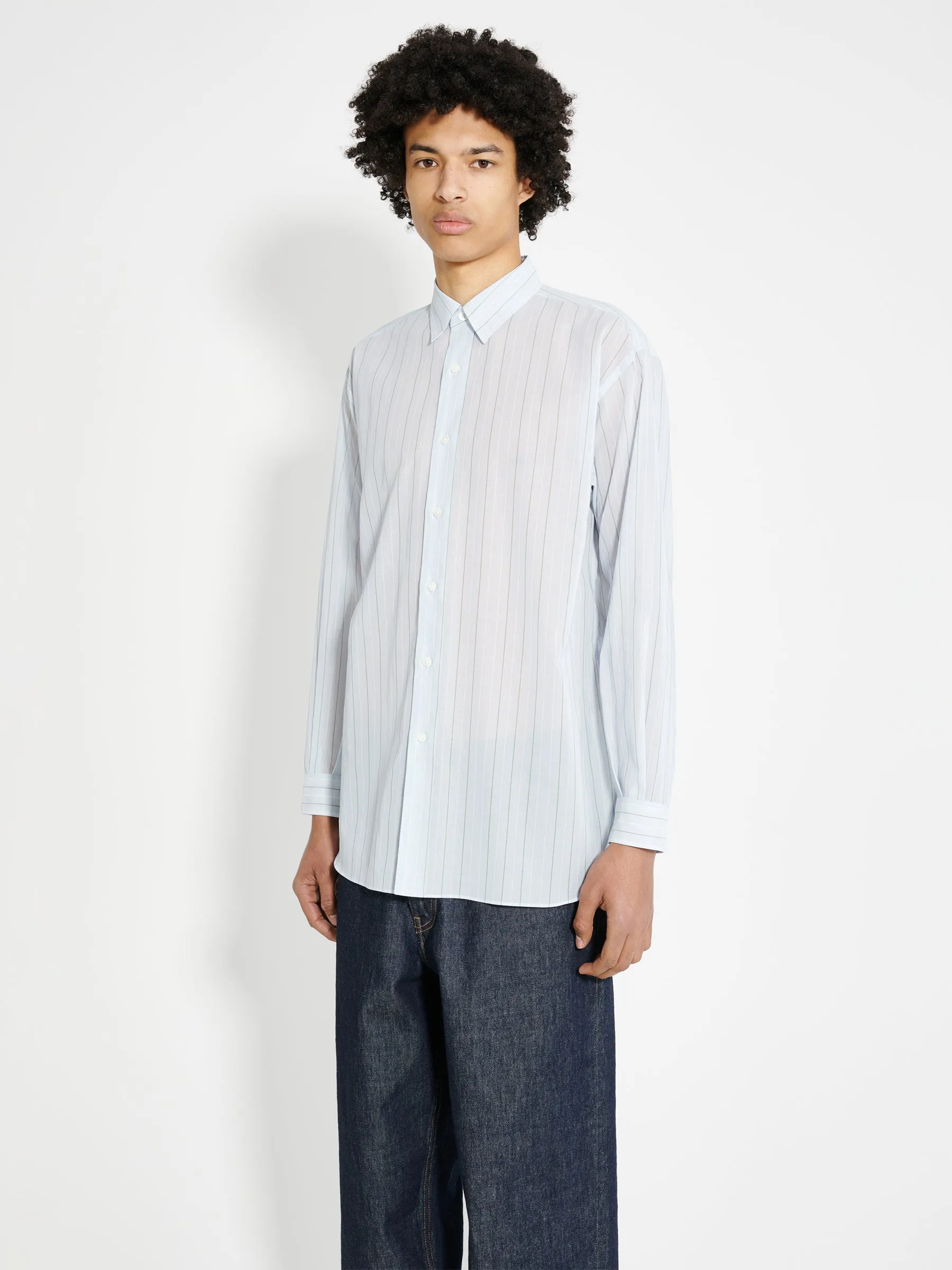 Auralee Hard Twist Finx Organdy Stripe Shirt Light Blue Stripe