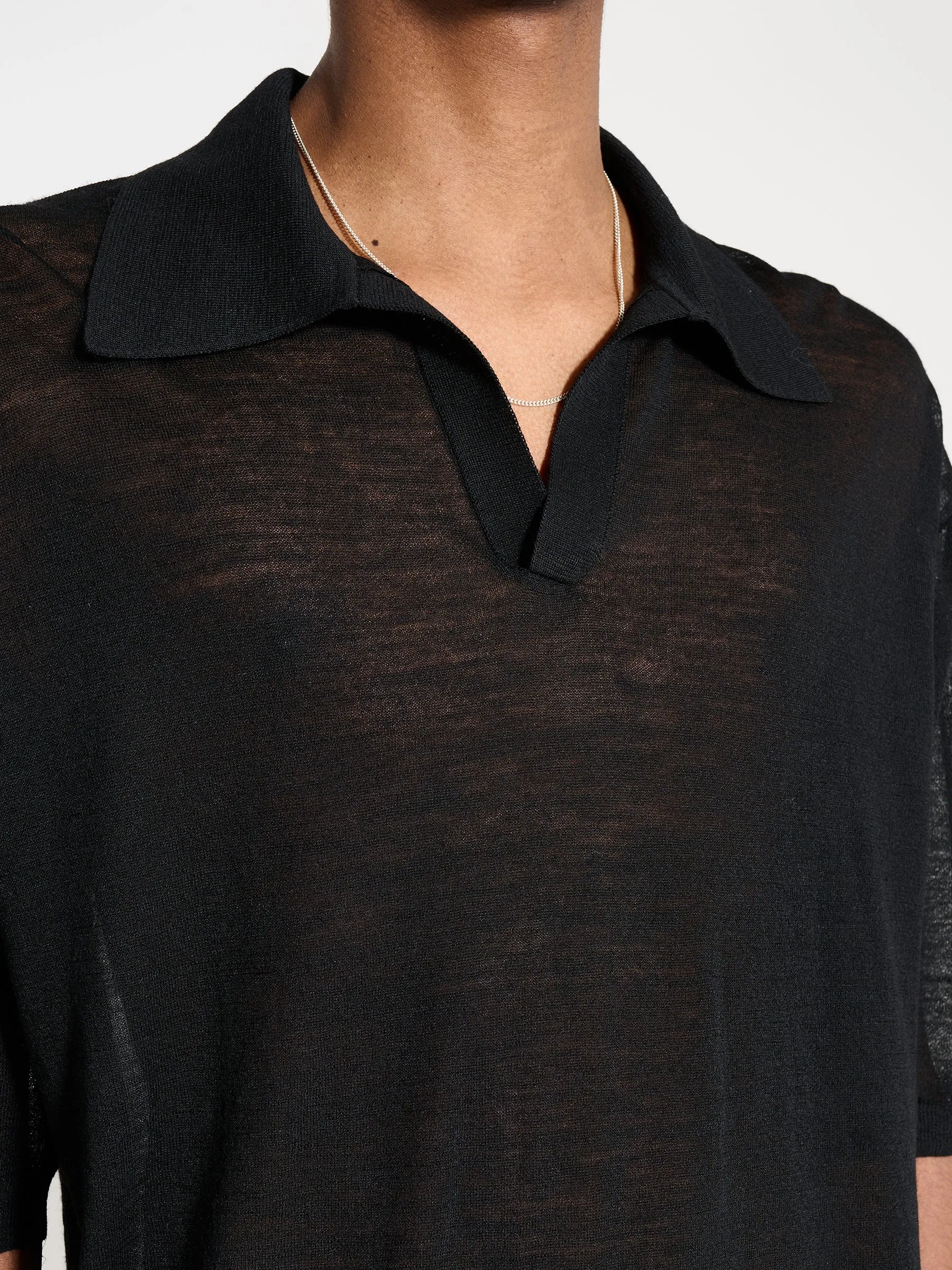 Auralee Hard Twist High Gauge Wool Silk Knit Skipper Polo Black