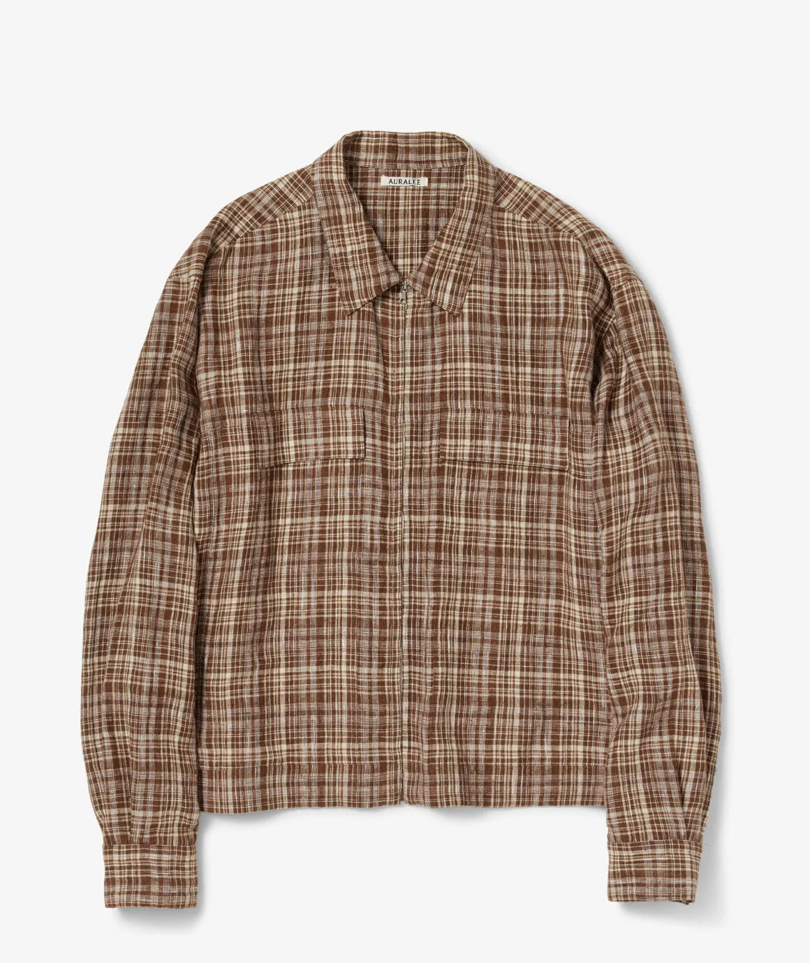 Auralee Men's Brown Linen Silk Check Zip Jacket