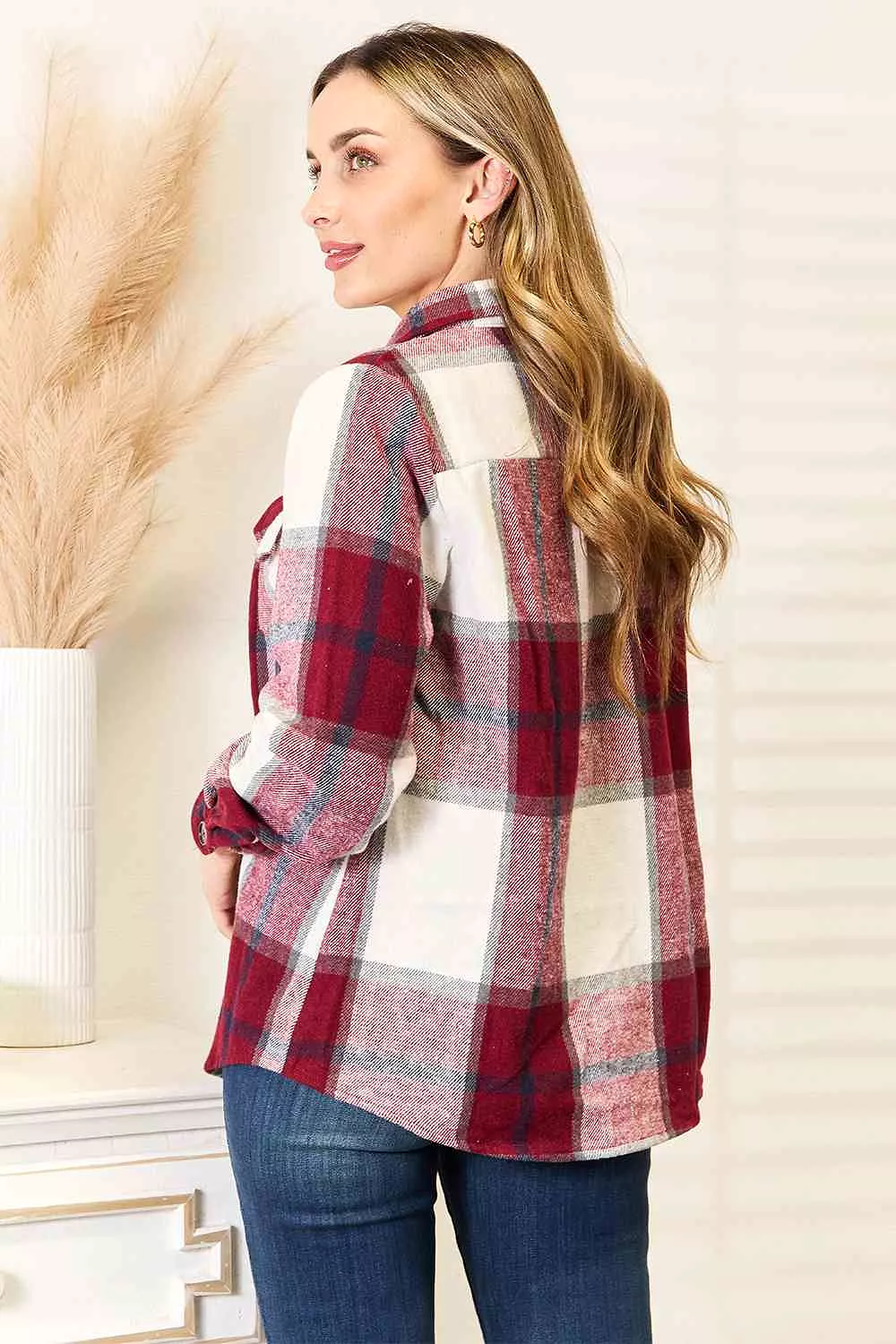 Double Take Plaid Button Up Flannel Shirt Jacket