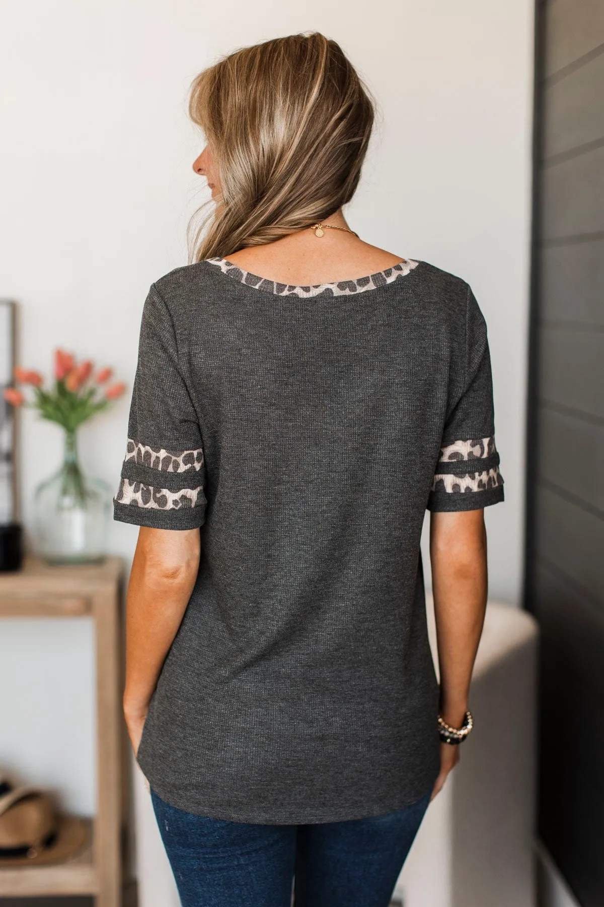 Full Of Attitude V-Neck Top- Charcoal & Leopard