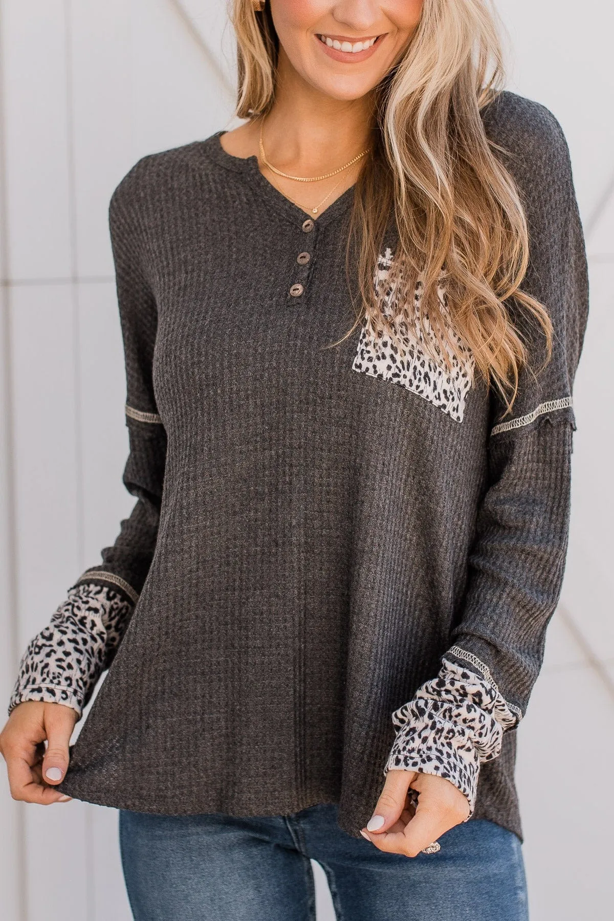 Here For It Knit Button Top- Charcoal