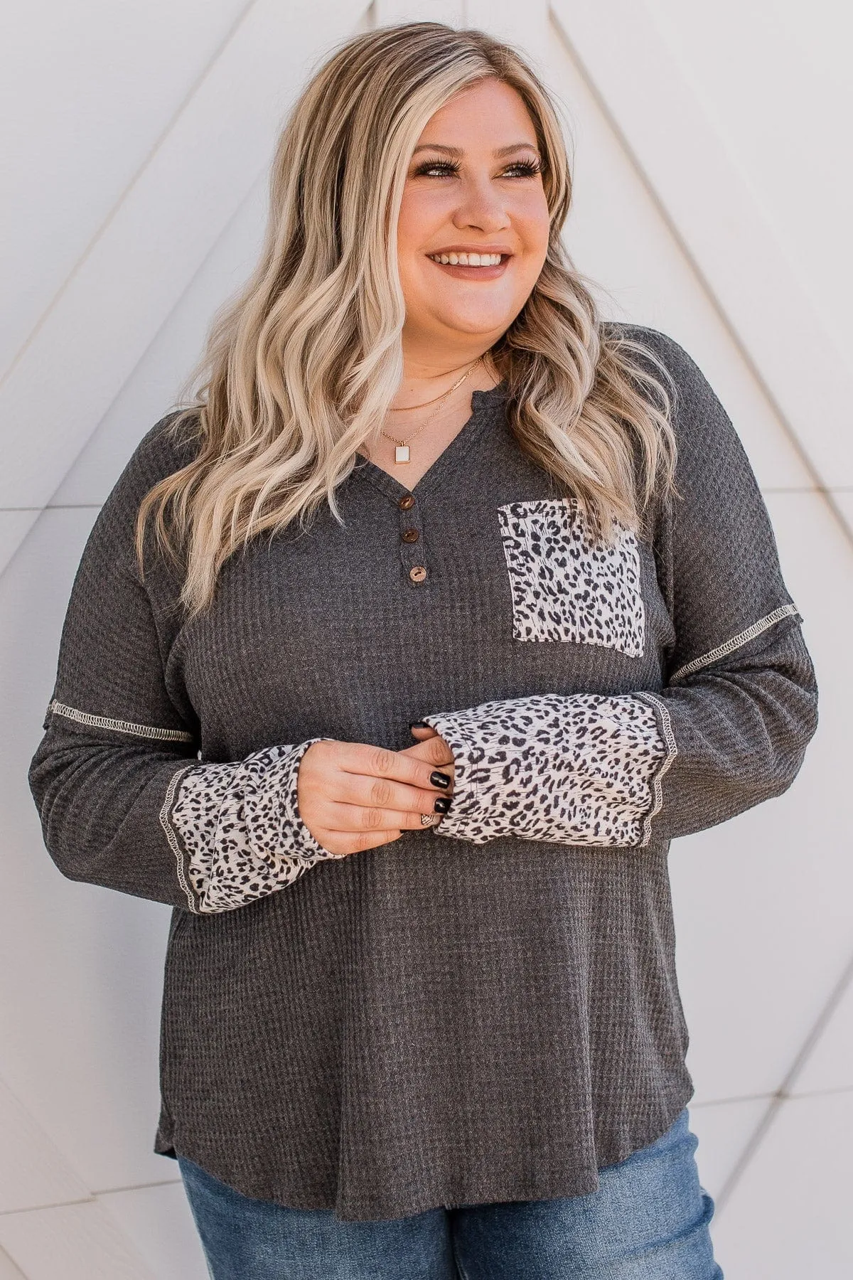 Here For It Knit Button Top- Charcoal