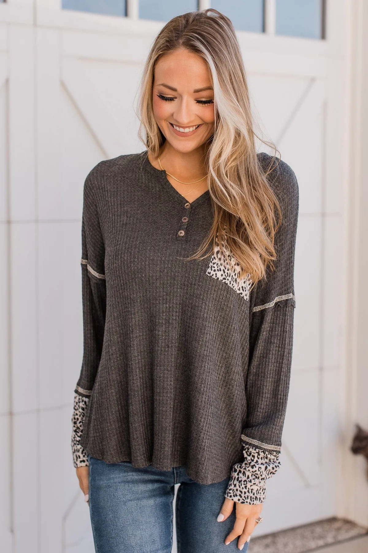 Here For It Knit Button Top- Charcoal