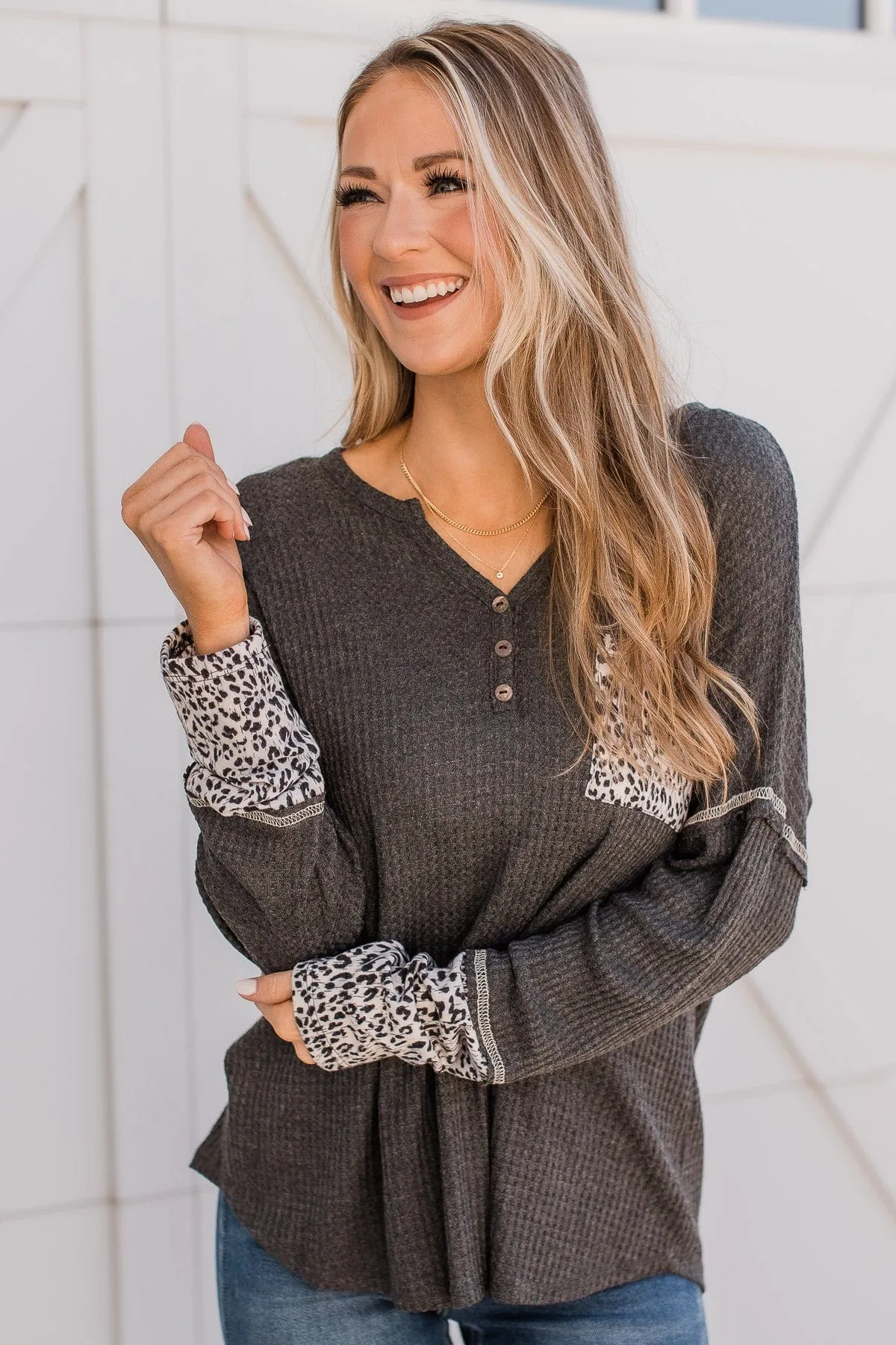 Here For It Knit Button Top- Charcoal