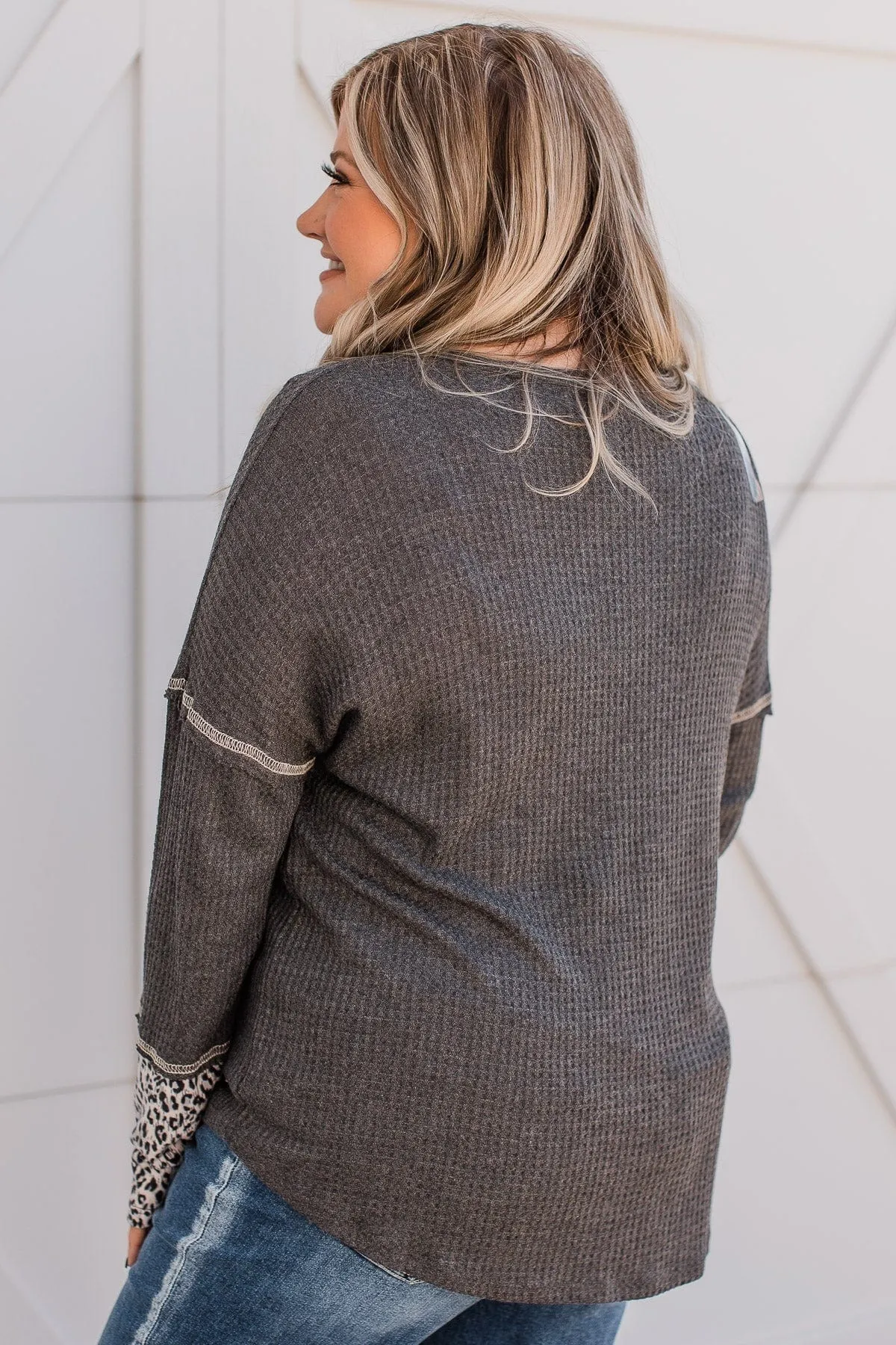 Here For It Knit Button Top- Charcoal