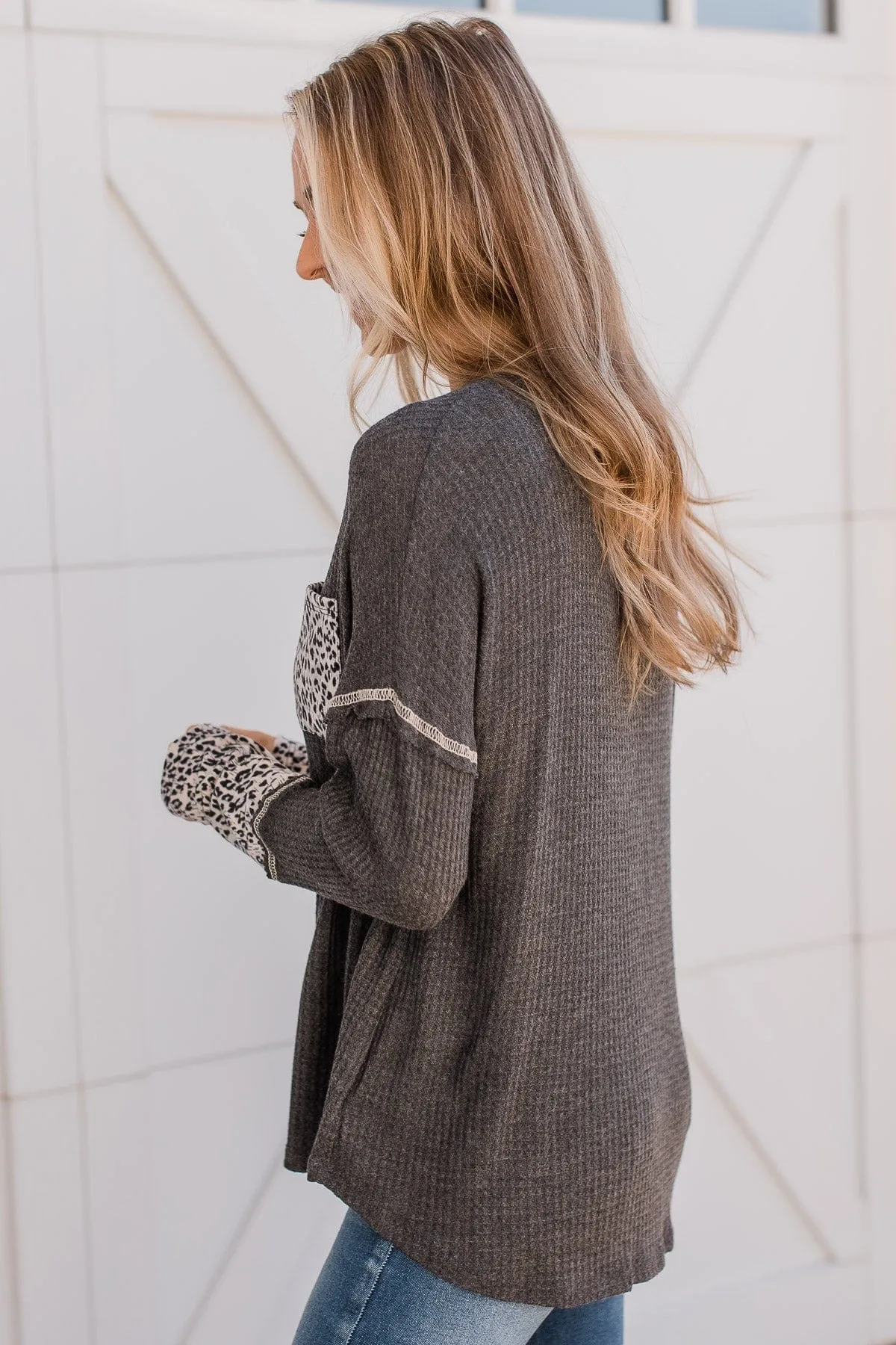 Here For It Knit Button Top- Charcoal