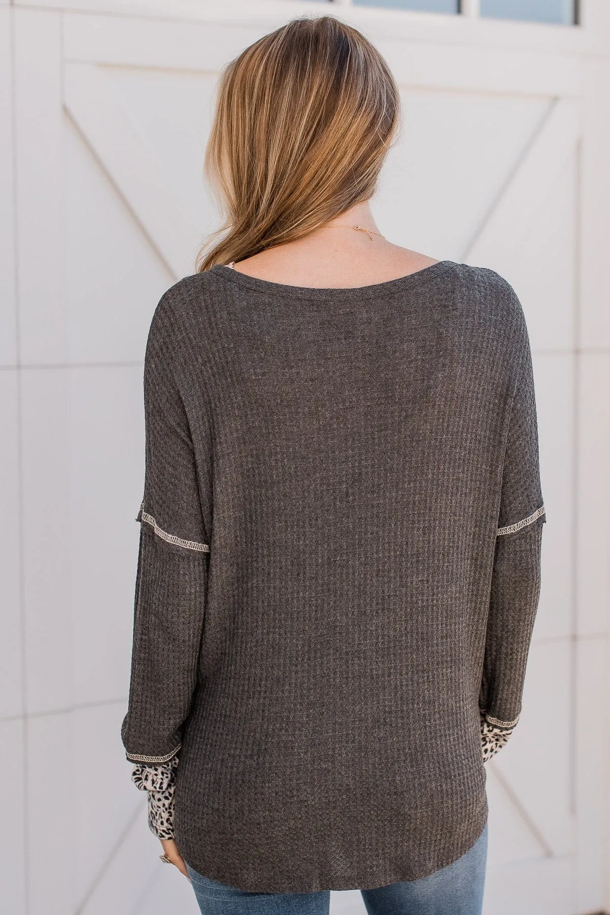 Here For It Knit Button Top- Charcoal