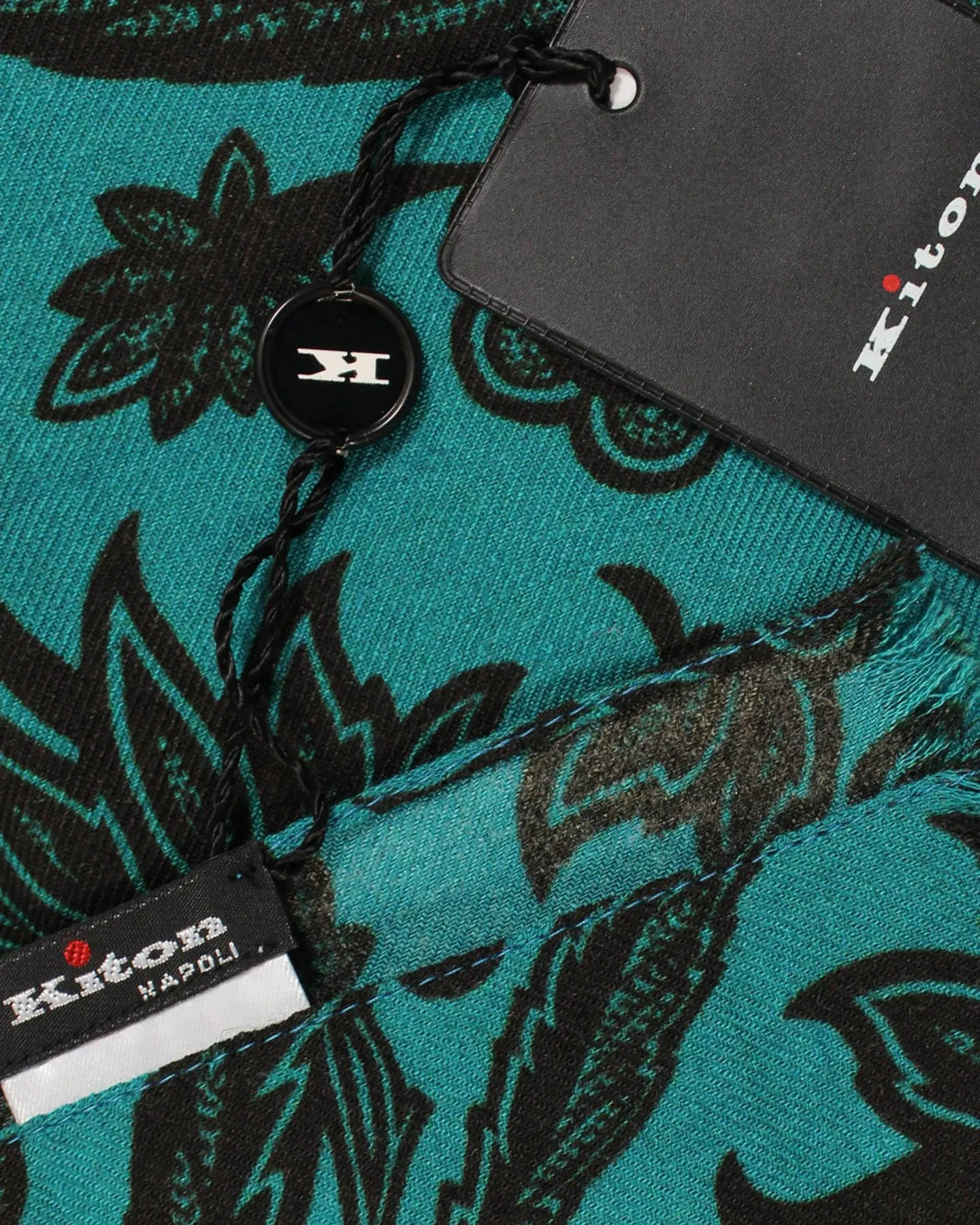 Kiton Wool Silk Scarf Teal Black Floral Men Collection