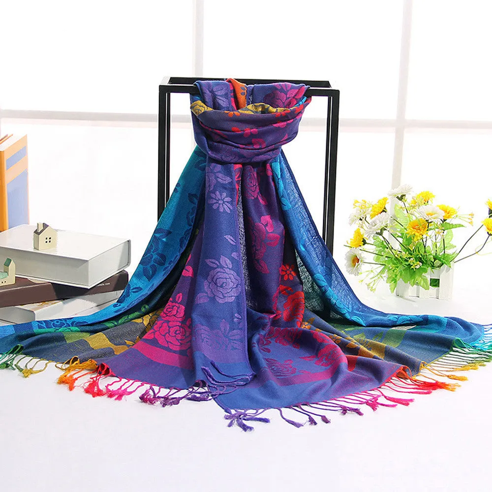 Lady Women Double Sided Roses National Wind Scarf Wrap Shawl