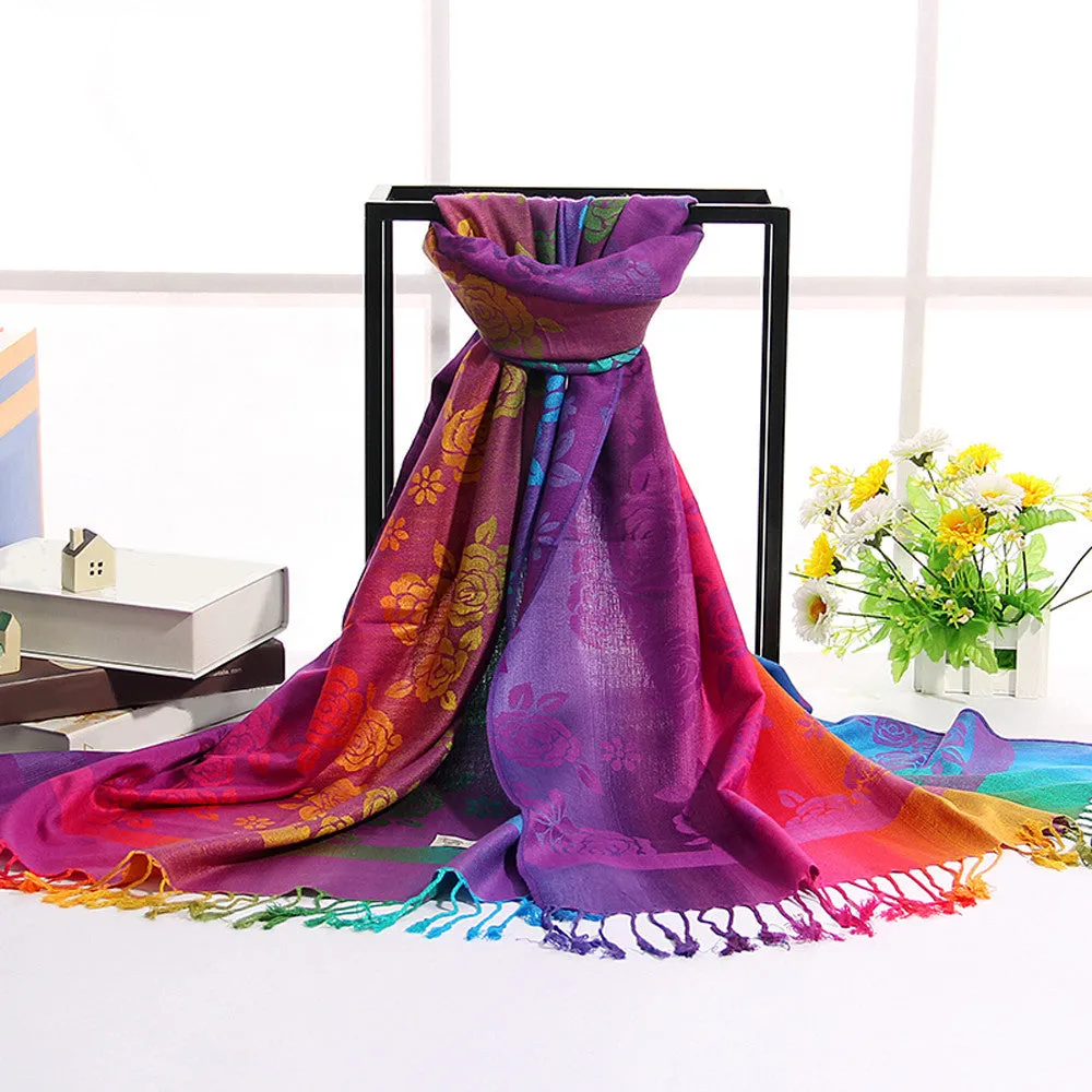 Lady Women Double Sided Roses National Wind Scarf Wrap Shawl