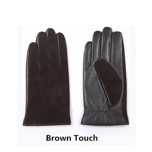 Men's Black Warm Touch Screen Goatskin Winter Genuine Leather Gloves