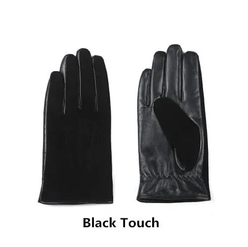 Men's Black Warm Touch Screen Goatskin Winter Genuine Leather Gloves