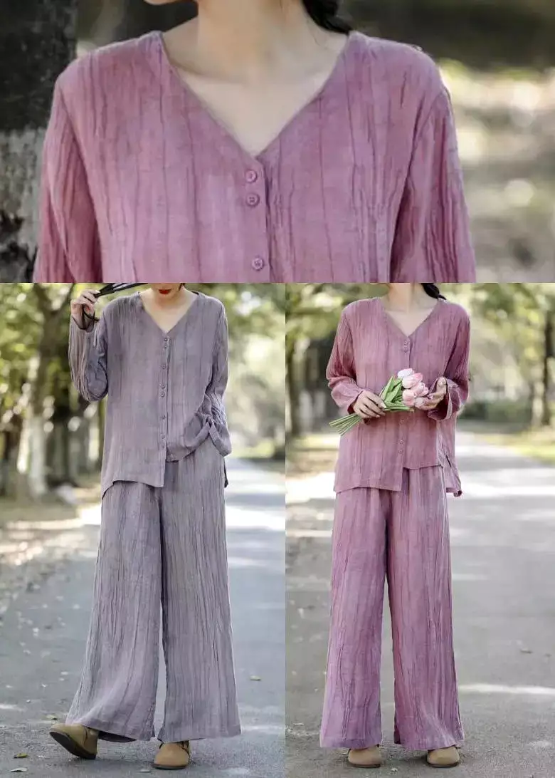 Pink Linen Two Piece Set Asymmetrical Wrinkled Spring HA1027