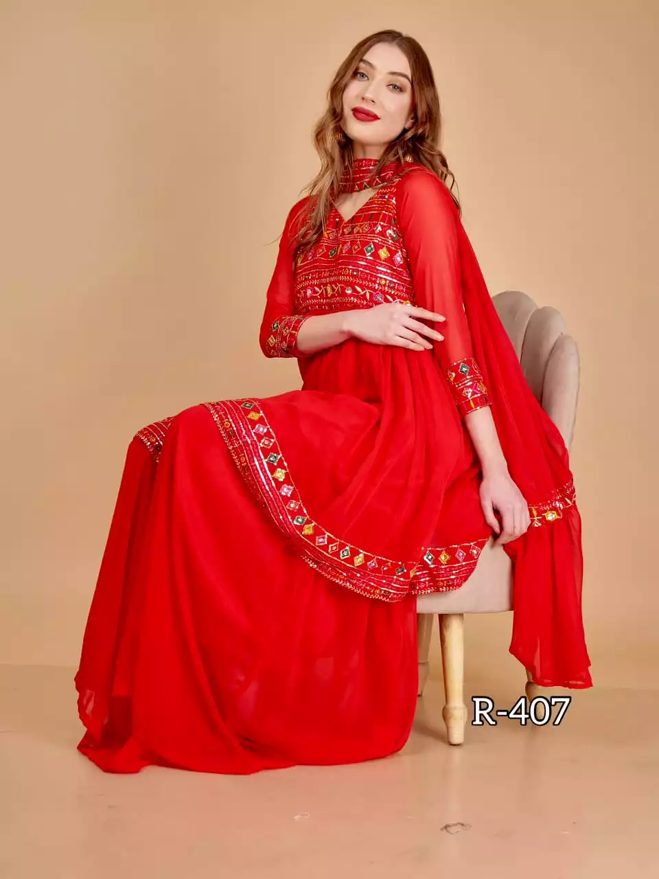 Stunning sharara 3-piece attire with heavy sequins  work in colors like Red -FOF001RS