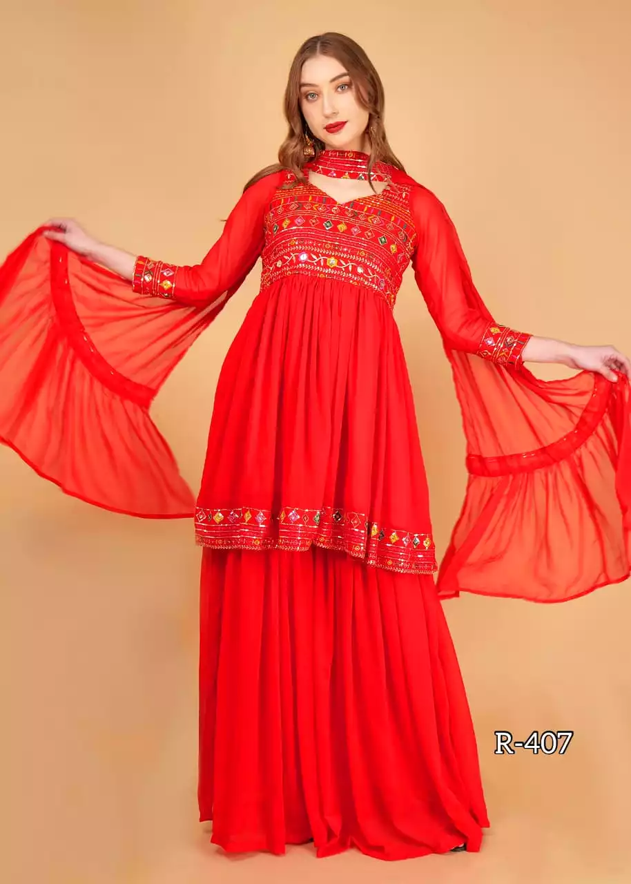 Stunning sharara 3-piece attire with heavy sequins  work in colors like Red -FOF001RS