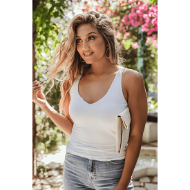 Veronica M Jersey Double Lined Tank V-Neck Top in White and Denim