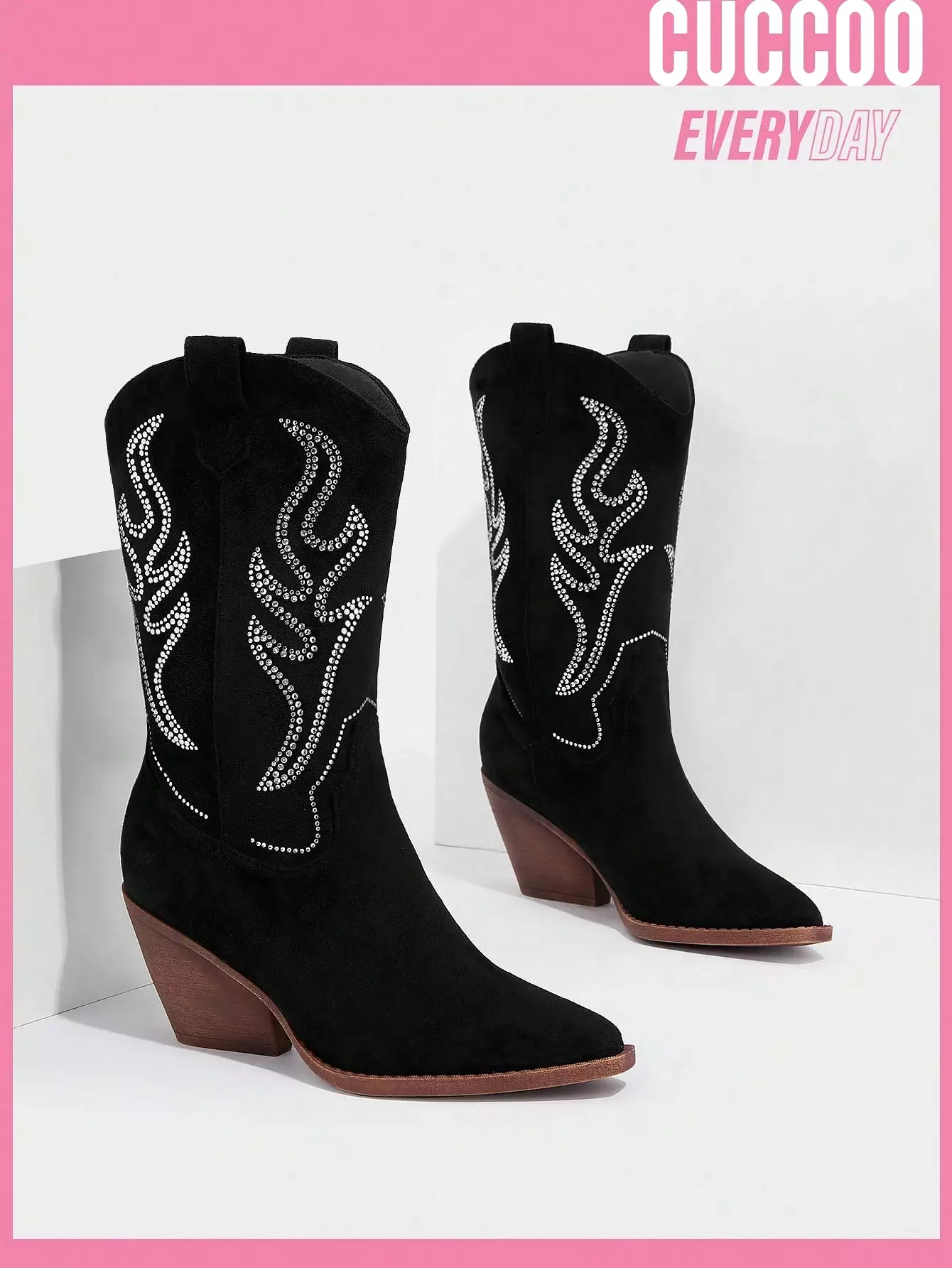 Women Embroidery Point Toe Chunky Heeled Fashion Boots, Vacation Black Western Boots