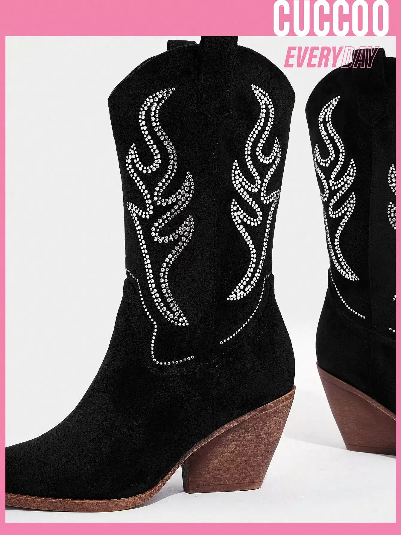 Women Embroidery Point Toe Chunky Heeled Fashion Boots, Vacation Black Western Boots