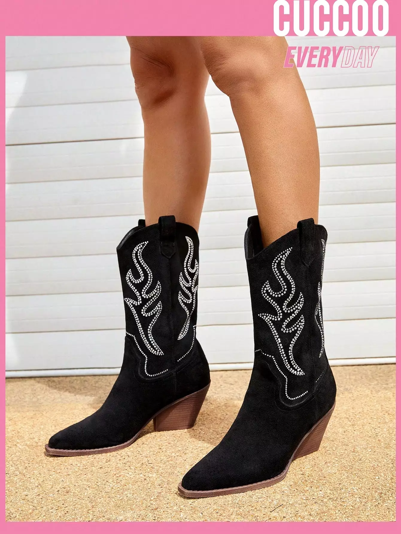 Women Embroidery Point Toe Chunky Heeled Fashion Boots, Vacation Black Western Boots