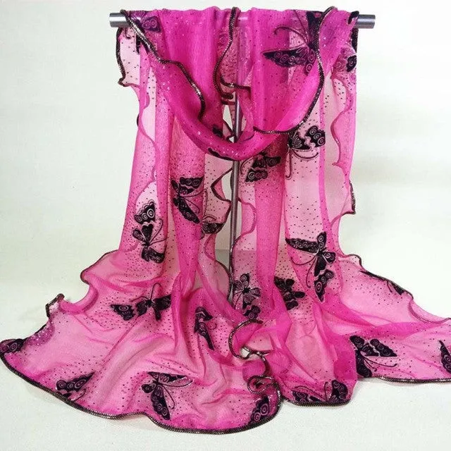 Women New Arrival  Fashion Scarfs   Women's chiffon scarf Lace Gauze Butterfly Veil Scarf Shawl Wrap Echarpe SM6