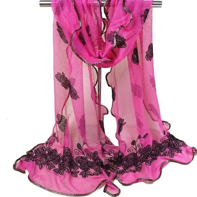 Women Vintage Scarf Lace Gauze Rose Flower Veil Scarves Shawl Wrap BK GS