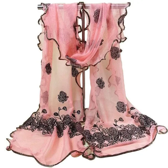 Women Vintage Scarf Lace Gauze Rose Flower Veil Scarves Shawl Wrap BK GS