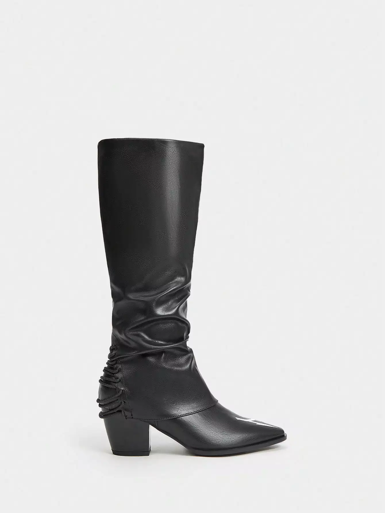 Women's Chunky Heel Ruched Boots, Fashionable Black Boots