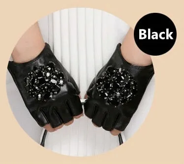 Women's Fashion Black Stone Goatskin Genuine Leather Fingerless Gloves