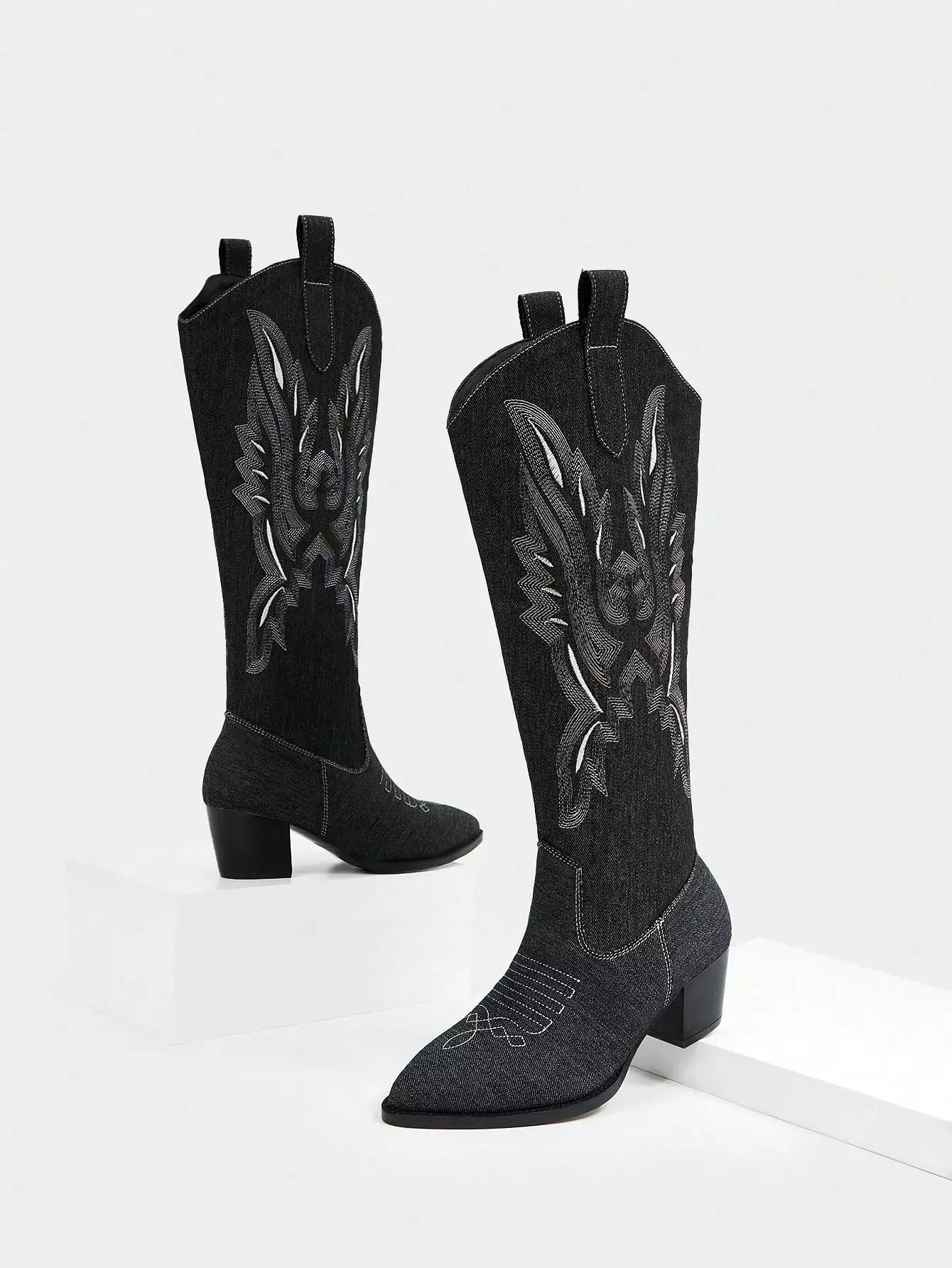 Women's Fashionable Embroidered Details Classic Boots In Denim Material For Outdoor Wear