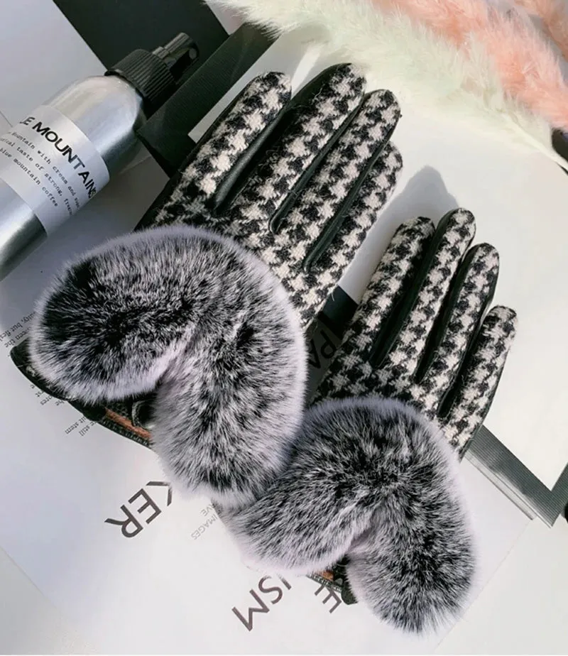 Women's Winter Warm Sheepskin Leather Houndstooth Pattern Fur Gloves