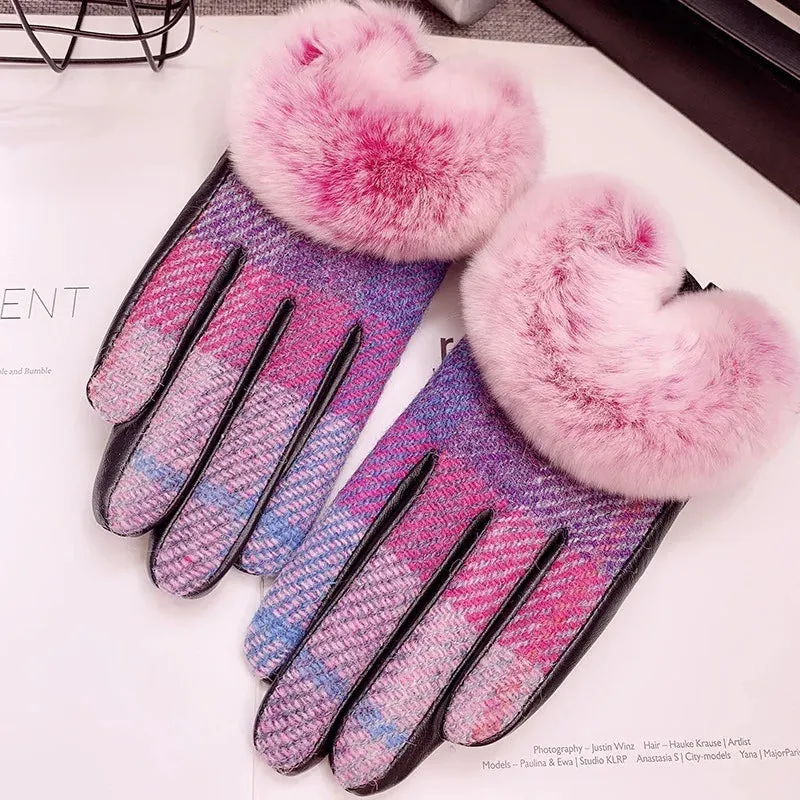 Women's Winter Warm Sheepskin Leather Houndstooth Pattern Fur Gloves