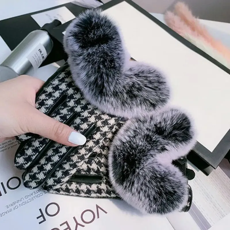 Women's Winter Warm Sheepskin Leather Houndstooth Pattern Fur Gloves