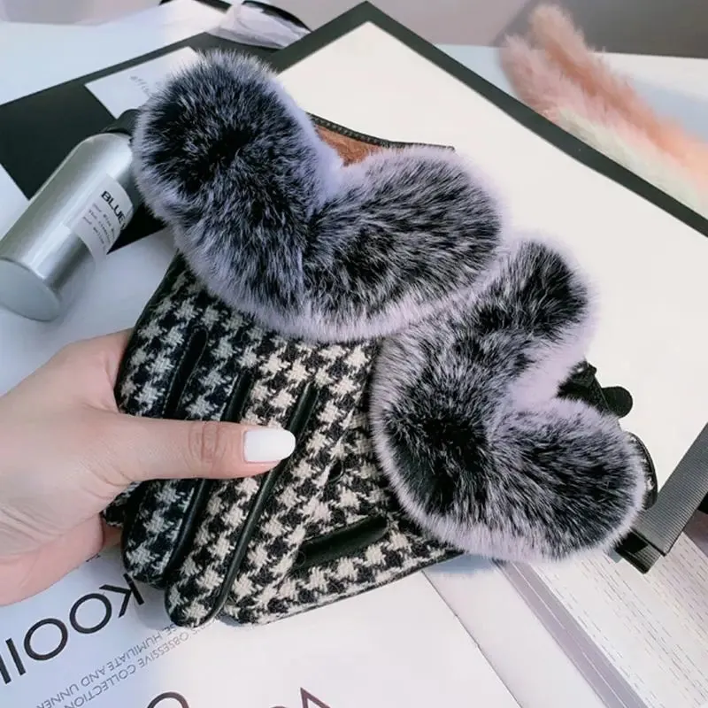 Women's Winter Warm Sheepskin Leather Houndstooth Pattern Fur Gloves