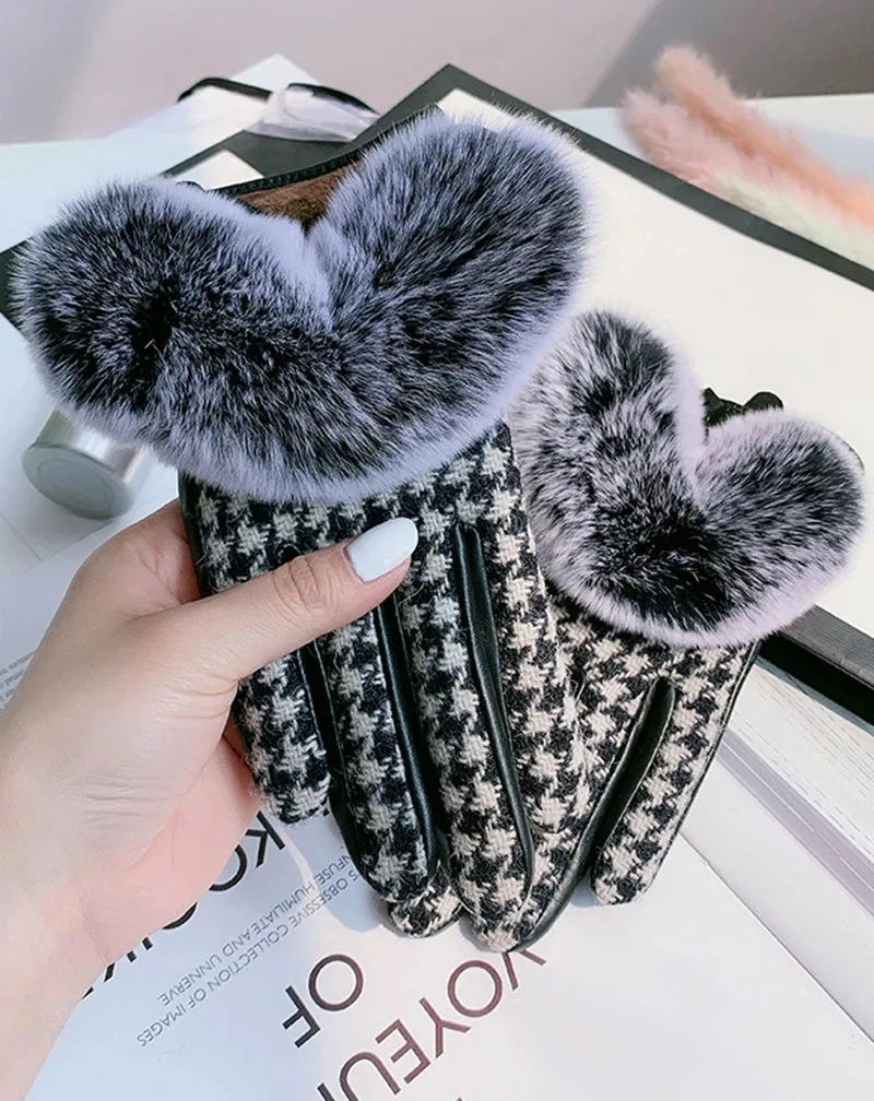 Women's Winter Warm Sheepskin Leather Houndstooth Pattern Fur Gloves