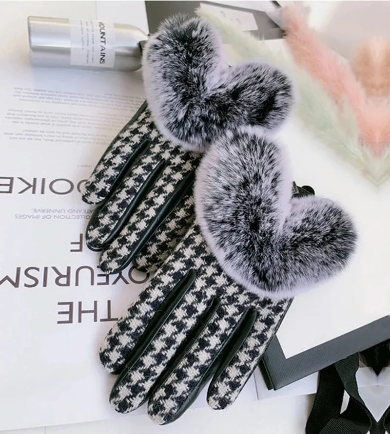 Women's Winter Warm Sheepskin Leather Houndstooth Pattern Fur Gloves